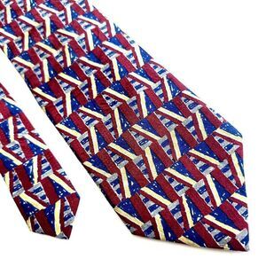 Ferrell Reed Italy Red Blue Geometric Abstract Print Wide Silk‎ Tie